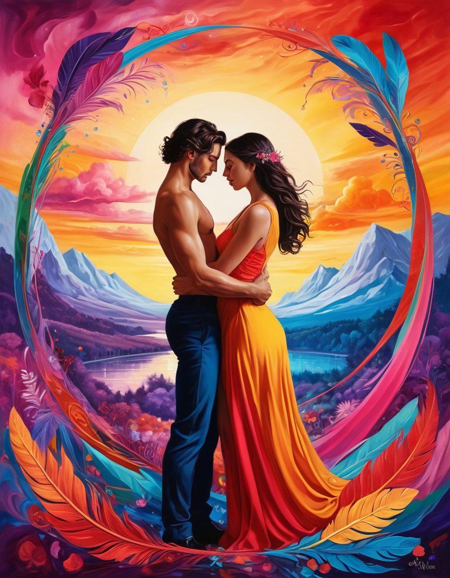 A vibrant, whimsical scene depicting two abstract figures entwined in a passionate embrace, surrounded by a kaleidoscope of rich colors representing desire and intimacy. Elements of unconventional symbols of affection like handcuffs, feathers, and hearts scattered throughout. The background features a dreamy landscape with soft, flowing shapes signifying mystery and exploration. The atmosphere should evoke warmth and allure, capturing the essence of kink and romance. surreal art. vibrant colors.