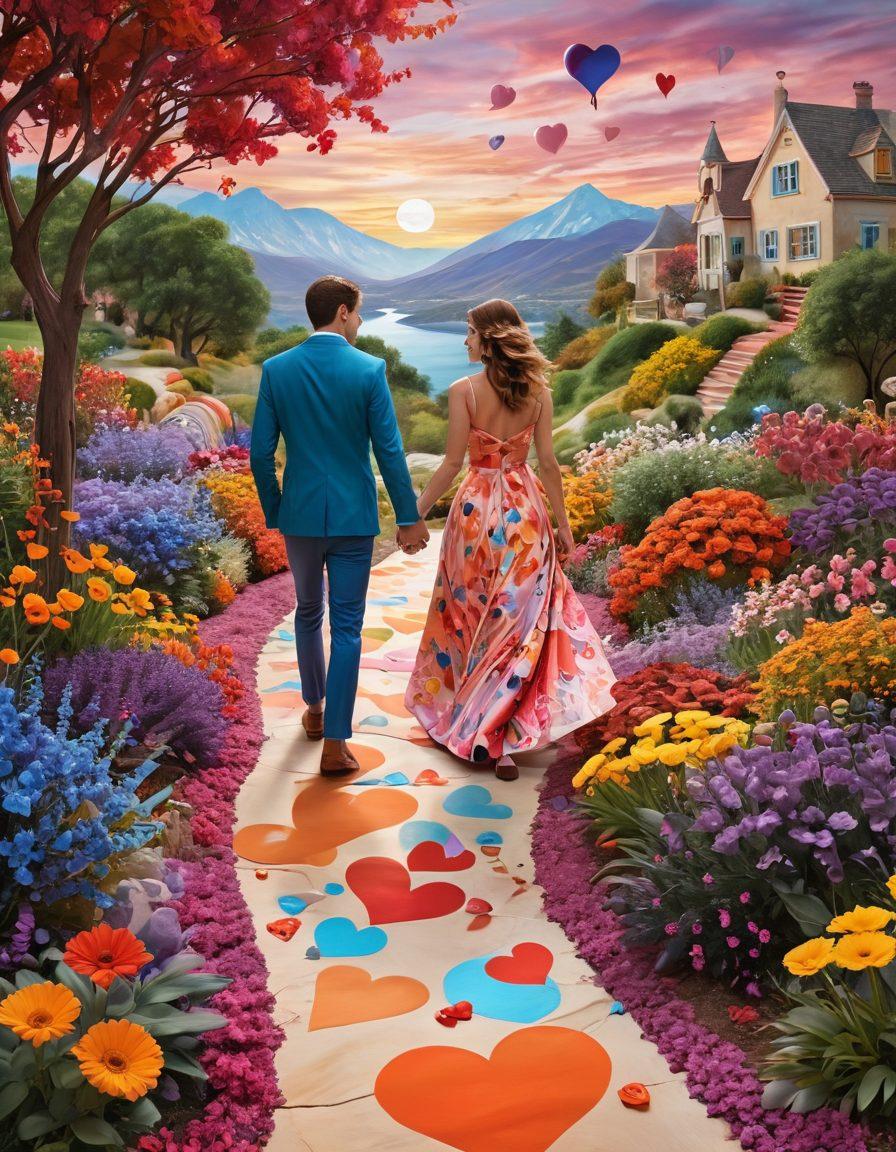 A whimsical and vibrant scene depicting a playful couple walking hand in hand down a colorful, winding path adorned with oversized flowers and hearts. In the background, a surreal landscape blends elements of fantasy with urban charm, encapsulating the essence of unconventional romance. Include hints of passion through warm color palettes and playful touches like butterflies and scattered marbles. The overall mood should be dreamy and inviting. vivid colors. surreal. 3D.
